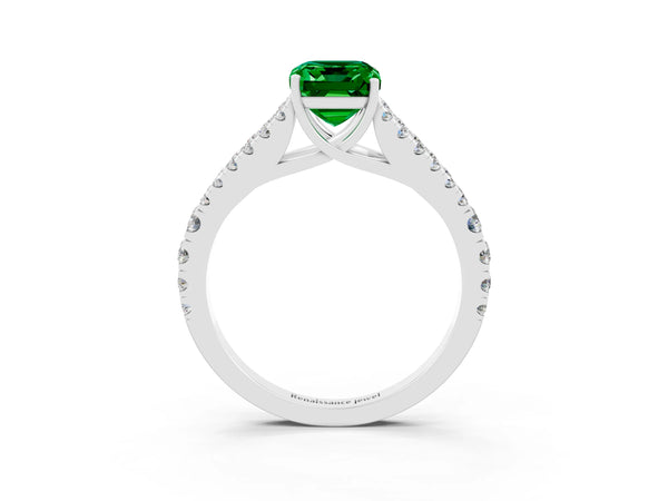 White gold Emerald Cut Emerald Split Shank Engagement Ring with Round Pavé and Prong Setting