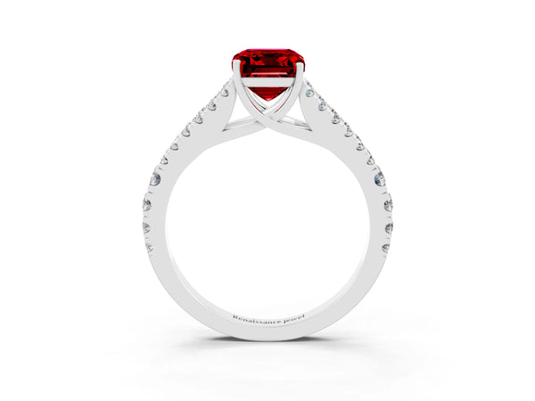 Silver Emerald Cut Ruby Split Shank Engagement Ring with Round Pavé and Prong Setting