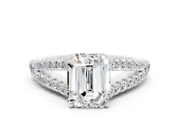 Silver Emerald Cut Moissanite Split Shank Engagement Ring with Round Pavé and Prong Setting