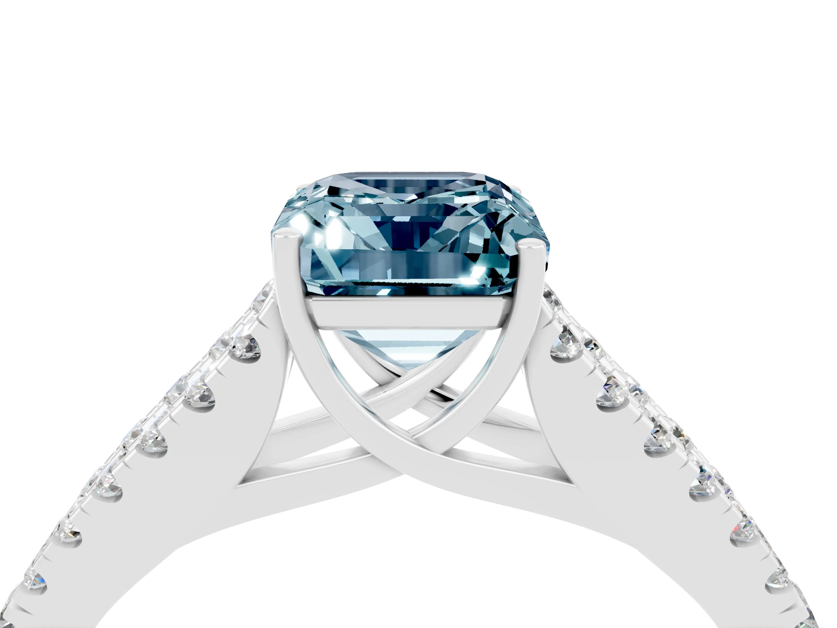 White gold Emerald Cut Cut Split Shank Pave Diamond Engagement Ring with Four-Prong Setting_4
