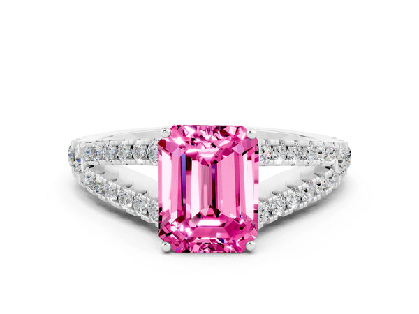 Silver Emerald Cut Pink Sapphire Split Shank Engagement Ring with Round Pavé and Prong Setting