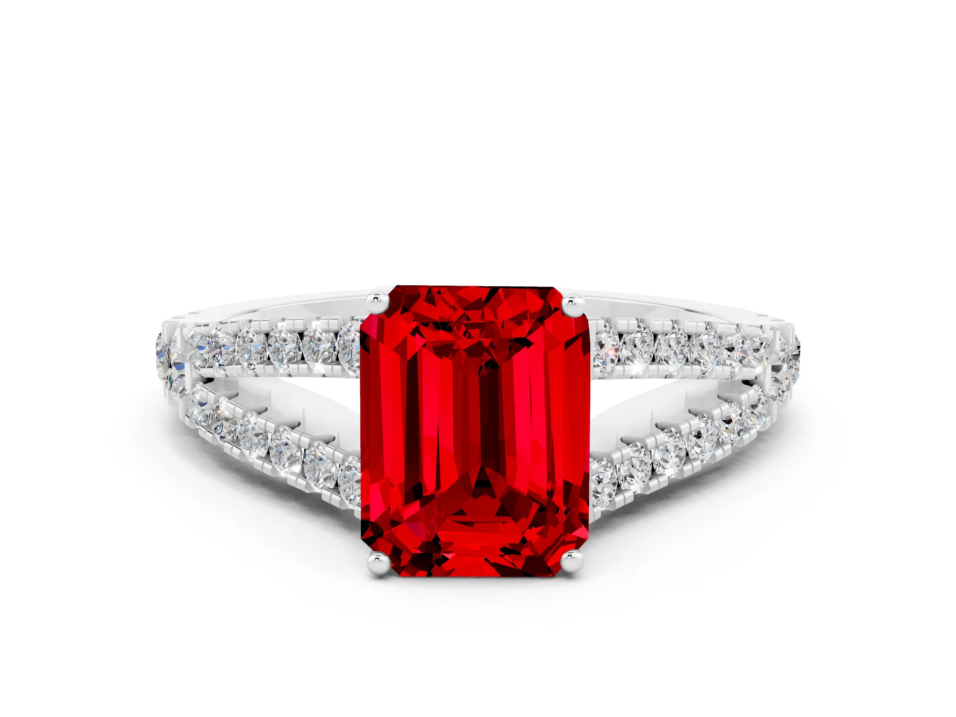 White gold Emerald Cut Cut Split Shank Pave Diamond Engagement Ring with Four-Prong Setting