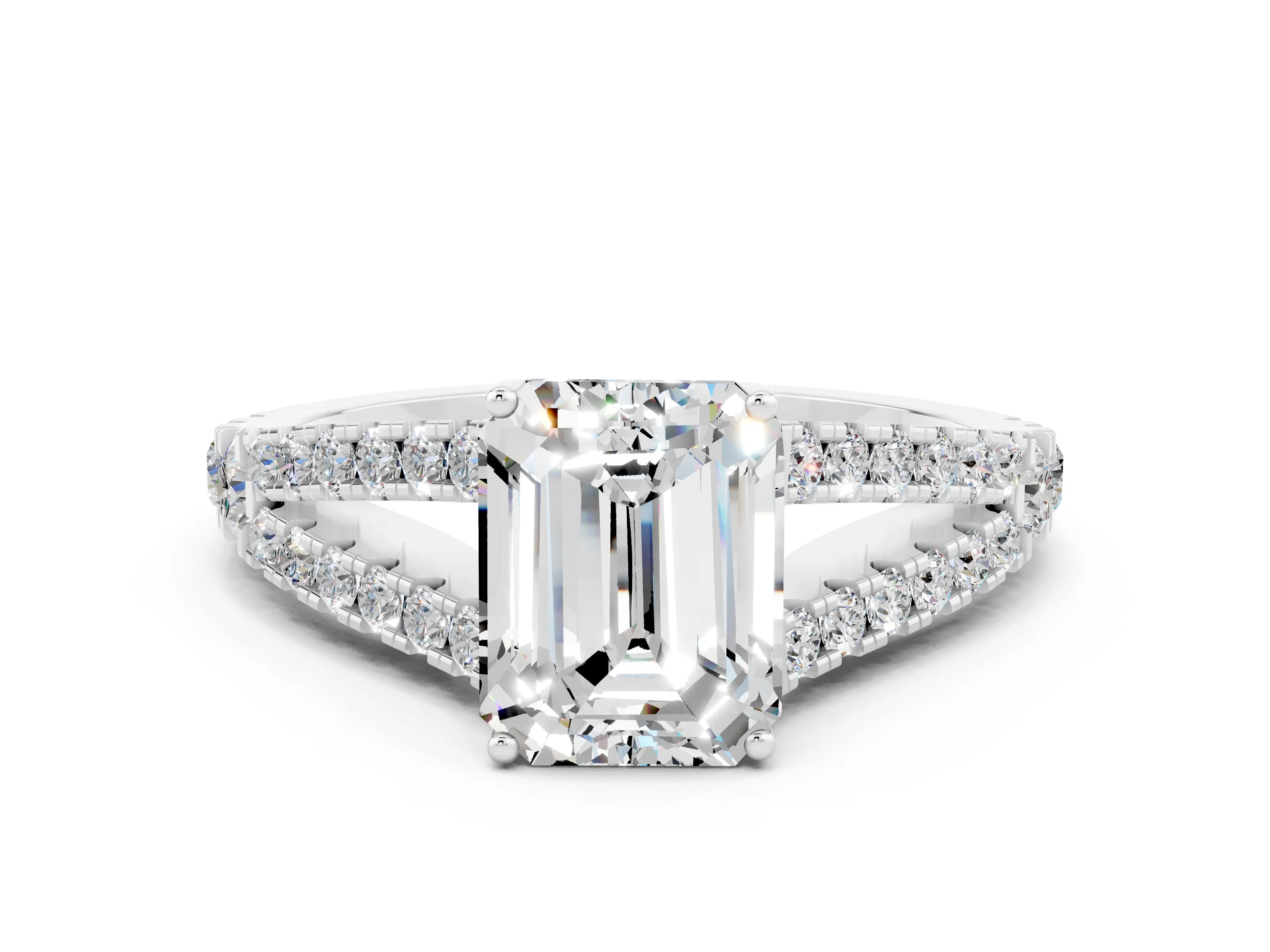 White gold Emerald Cut Cut Split Shank Pave Diamond Engagement Ring with Four-Prong Setting