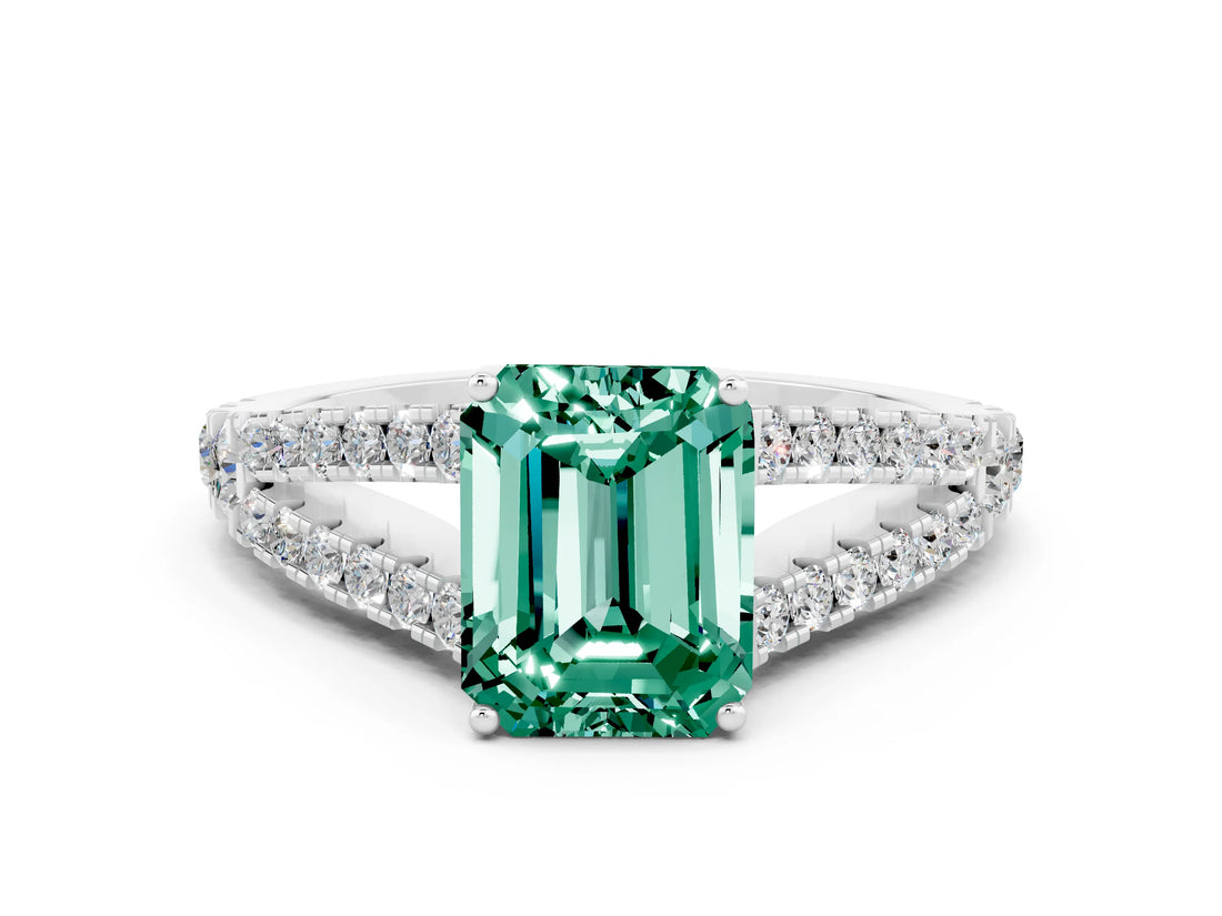 White gold Emerald Cut Cut Split Shank Pave Diamond Engagement Ring with Four-Prong Setting