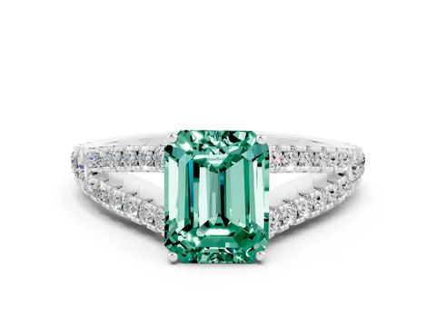 White gold Emerald Cut Cut Split Shank Pave Diamond Engagement Ring with Four-Prong Setting