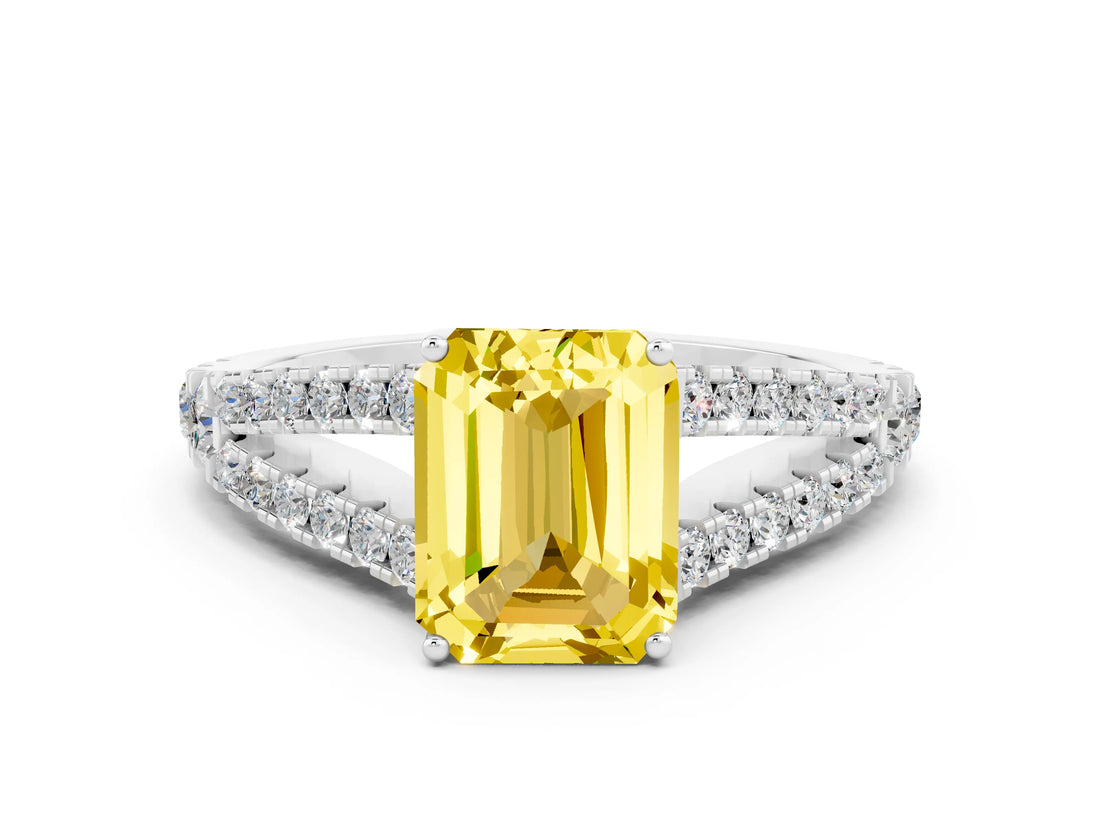 White gold Emerald Cut Cut Split Shank Pave Diamond Engagement Ring with Four-Prong Setting