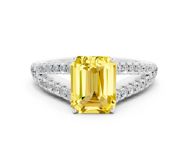 White gold Emerald Cut Yellow Sapphire Split Shank Engagement Ring with Round Pavé and Prong Setting