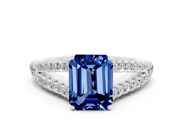 Platinum Emerald Cut Blue Sapphire Split Shank Engagement Ring with Round Pavé and Prong Setting