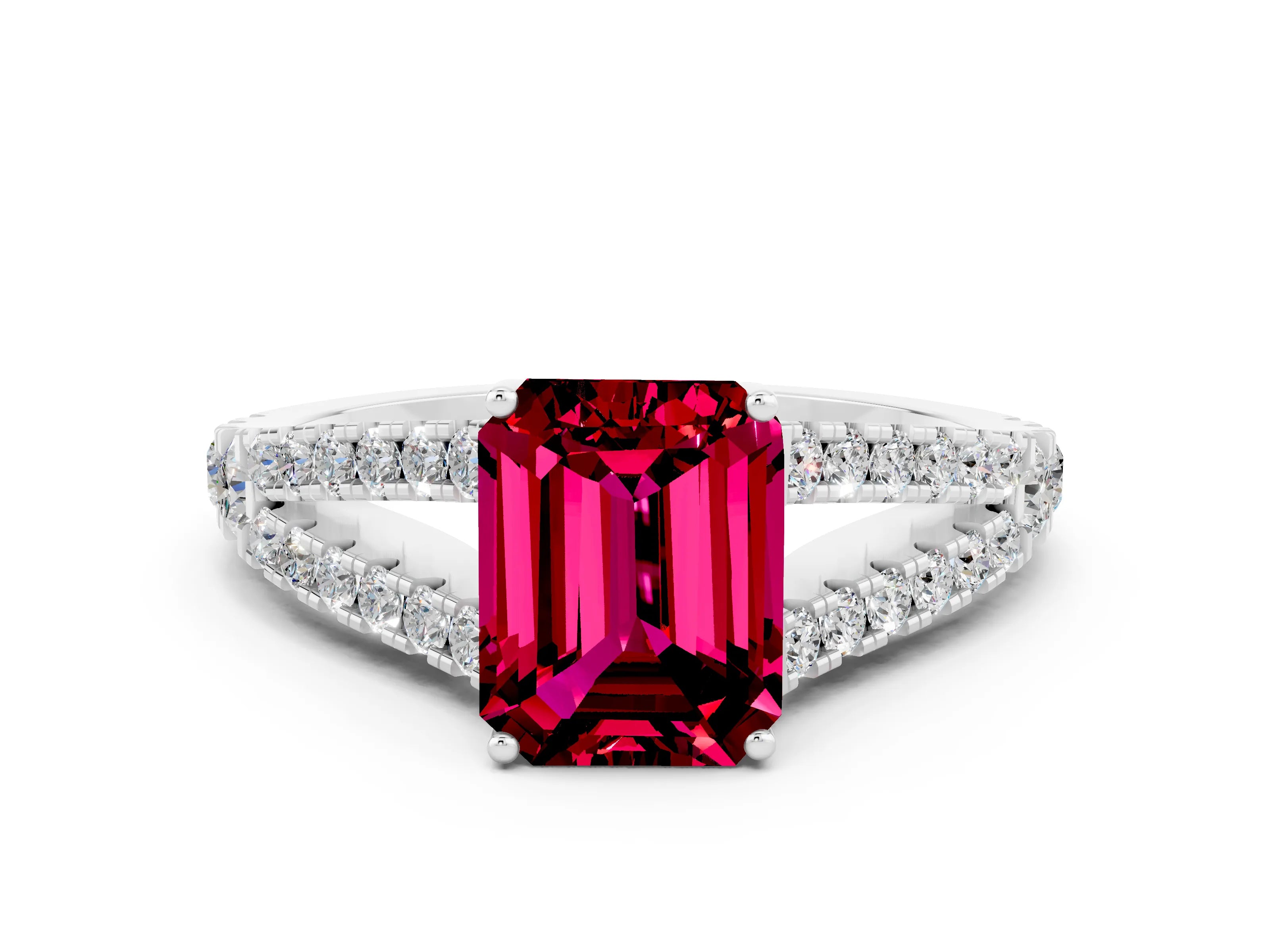 White gold Emerald Cut Cut Split Shank Pave Diamond Engagement Ring with Four-Prong Setting