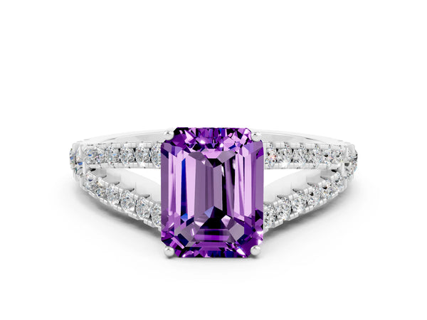 Silver Emerald Cut Amethyst Split Shank Engagement Ring with Round Pavé and Prong Setting
