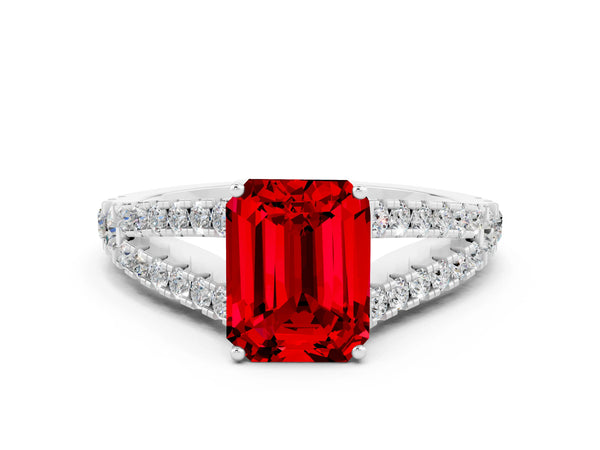 Platinum Emerald Cut Ruby Split Shank Engagement Ring with Round Pavé and Prong Setting
