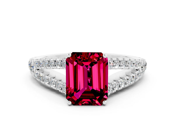 Silver Emerald Cut Garnet Split Shank Engagement Ring with Round Pavé and Prong Setting