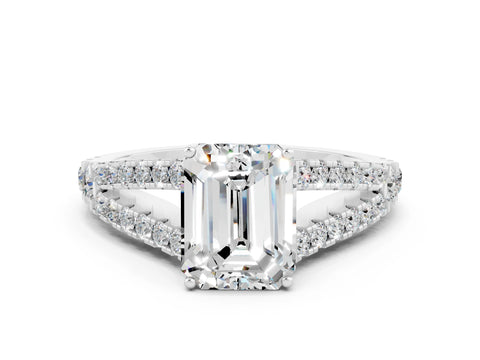 White gold Emerald Cut Cut Split Shank Pave Diamond Engagement Ring with Four-Prong Setting