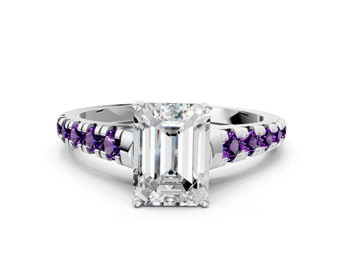White gold Emerald Cut Diamond Cathedral Solitaire Ring with Round with Amethyst side stone Pavé Band_12