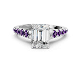 White gold Emerald Cut Diamond Cathedral Solitaire Ring with Round with Amethyst side stone Pavé Band_12