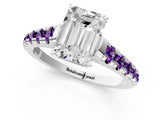 White gold Emerald Cut Diamond Cathedral Solitaire Ring with Round with Amethyst side stone Pavé Band_13