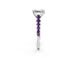 White gold Emerald Cut Diamond Cathedral Solitaire Ring with Round with Amethyst side stone Pavé Band_14