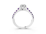 White gold Emerald Cut Diamond Cathedral Solitaire Ring with Round with Amethyst side stone Pavé Band_15