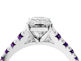 White gold Emerald Cut Diamond Cathedral Solitaire Ring with Round with Amethyst side stone Pavé Band_16