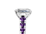 White gold Emerald Cut Diamond Cathedral Solitaire Ring with Round with Amethyst side stone Pavé Band_17