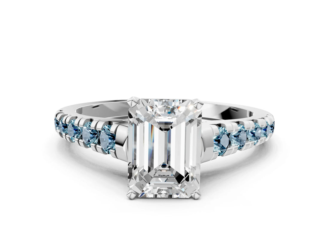 White gold Emerald Cut Diamond Cathedral Solitaire Ring with Round with Aquamarine side stone Pavé Band_12