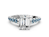 White gold Emerald Cut Diamond Cathedral Solitaire Ring with Round with Aquamarine side stone Pavé Band_12