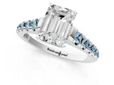 White gold Emerald Cut Diamond Cathedral Solitaire Ring with Round with Aquamarine side stone Pavé Band_13