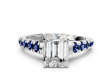 White gold Emerald Cut Diamond Cathedral Solitaire Ring with Round with Blue Sapphire side stone Pavé Band_12