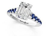 White gold Emerald Cut Diamond Cathedral Solitaire Ring with Round with Blue Sapphire side stone Pavé Band_13