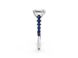 White gold Emerald Cut Diamond Cathedral Solitaire Ring with Round with Blue Sapphire side stone Pavé Band_14