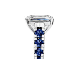 White gold Emerald Cut Diamond Cathedral Solitaire Ring with Round with Blue Sapphire side stone Pavé Band_17