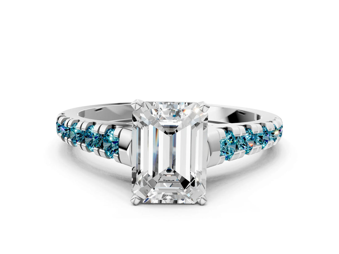 White gold Emerald Cut Diamond Cathedral Solitaire Ring with Round with Blue Topaz side stone Pavé Band_11