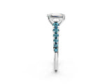 White gold Emerald Cut Diamond Cathedral Solitaire Ring with Round with Blue Topaz side stone Pavé Band_13