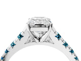 White gold Emerald Cut Diamond Cathedral Solitaire Ring with Round with Blue Topaz side stone Pavé Band_15