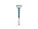 White gold Emerald Cut Diamond Cathedral Solitaire Ring with Round with Blue Topaz side stone Pavé Band_2