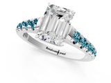 White gold Emerald Cut Diamond Cathedral Solitaire Ring with Round with Blue Topaz side stone Pavé Band_7