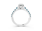 White gold Emerald Cut Diamond Cathedral Solitaire Ring with Round with Blue Topaz side stone Pavé Band_9