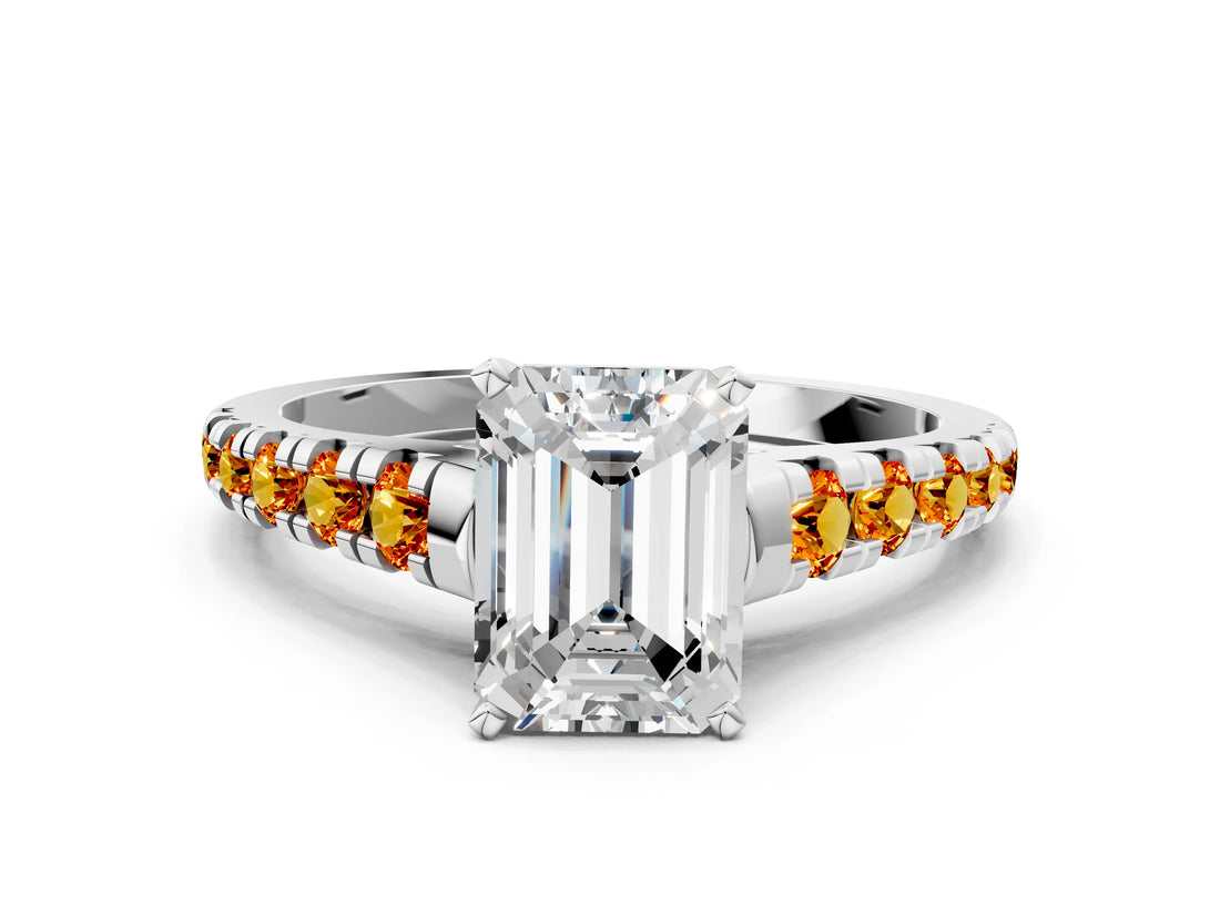White gold Emerald Cut Diamond Cathedral Solitaire Ring with Round with Citrine side stone Pavé Band_24