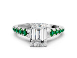 White gold Emerald Cut Diamond Cathedral Solitaire Ring with Round with Emerald side stone Pavé Band_10