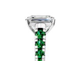 White gold Emerald Cut Diamond Cathedral Solitaire Ring with Round with Emerald side stone Pavé Band_17