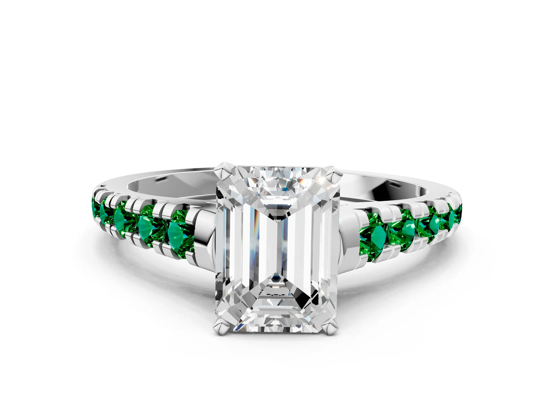 White gold Emerald Cut Diamond Cathedral Solitaire Ring with Round with Emerald side stone Pavé Band_18
