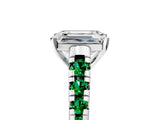White gold Emerald Cut Diamond Cathedral Solitaire Ring with Round with Emerald side stone Pavé Band_23