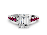 White gold Emerald Cut Diamond Cathedral Solitaire Ring with Round with Garnet side stone Pavé Band_48