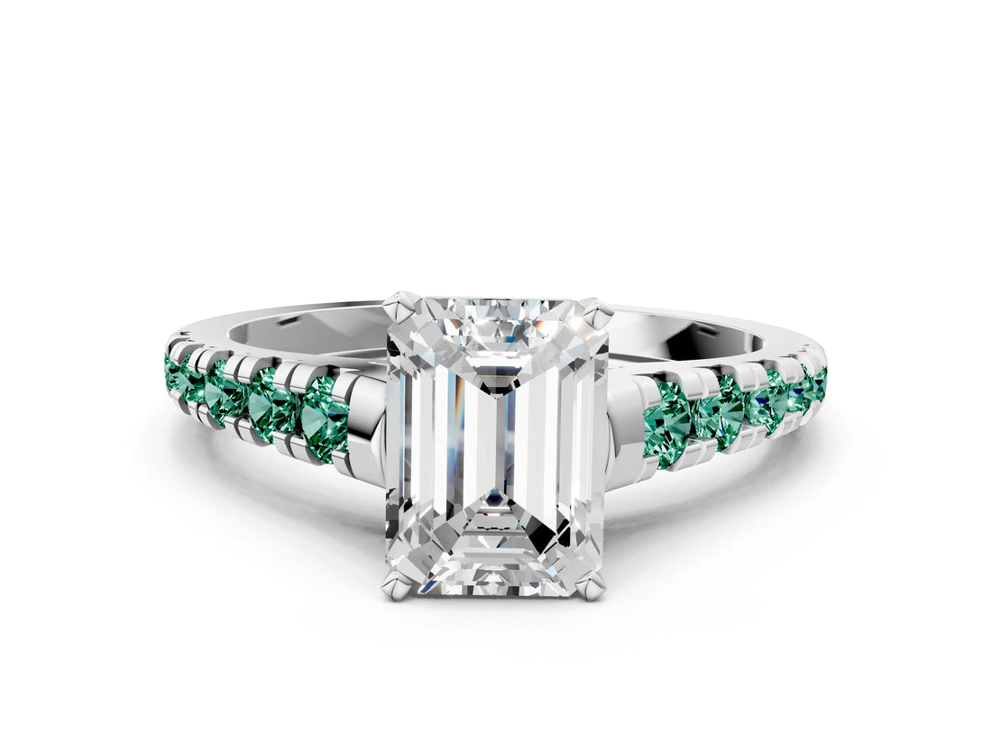 White gold Emerald Cut Diamond Cathedral Solitaire Ring with Round with Green Sapphire side stone Pavé Band