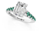 White gold Emerald Cut Diamond Cathedral Solitaire Ring with Round with Green Sapphire side stone Pavé Band_1