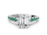 White gold Emerald Cut Diamond Cathedral Solitaire Ring with Round with Green Sapphire side stone Pavé Band_12