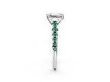 White gold Emerald Cut Diamond Cathedral Solitaire Ring with Round with Green Sapphire side stone Pavé Band_2
