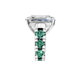 White gold Emerald Cut Diamond Cathedral Solitaire Ring with Round with Green Sapphire side stone Pavé Band_5