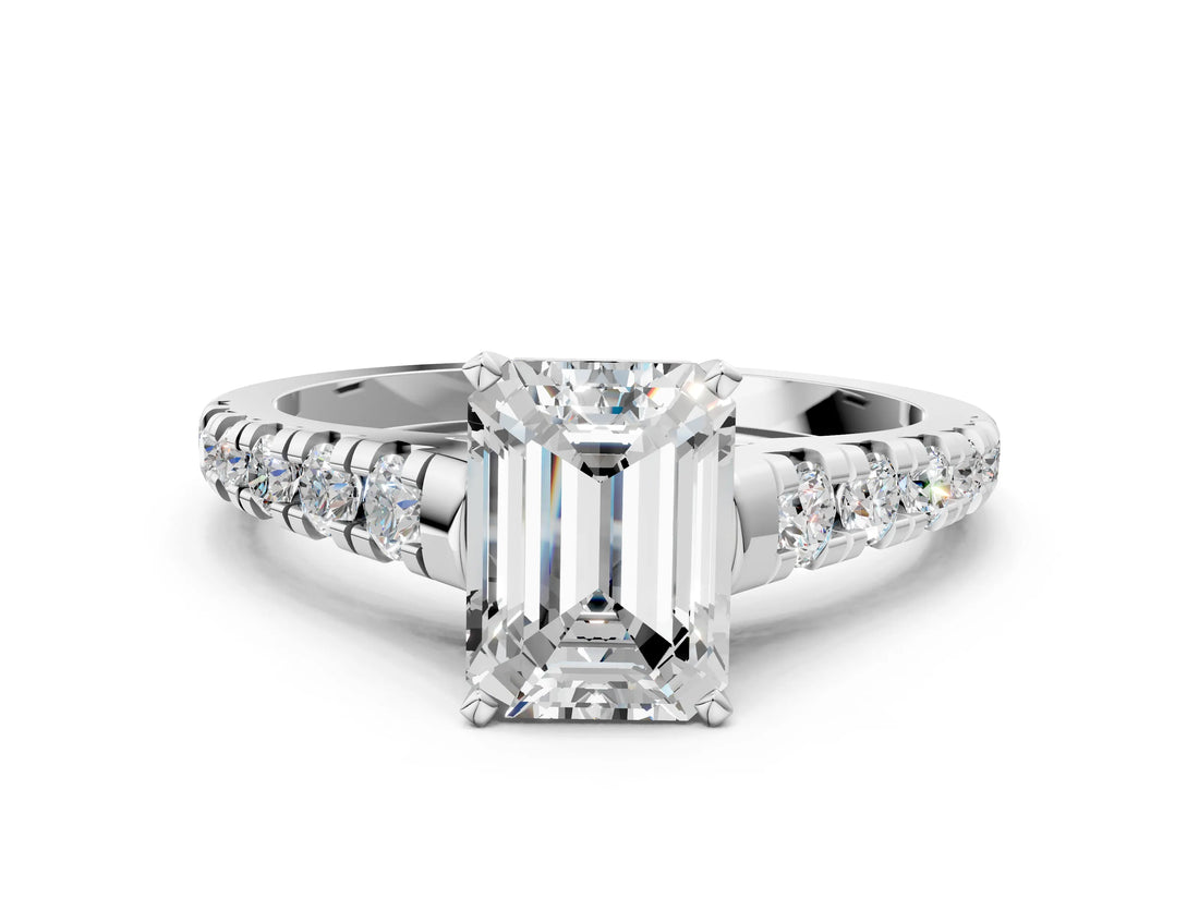 White gold Emerald Cut Diamond Cathedral Solitaire Ring with Round with Moissanite side stone Pavé Band_12