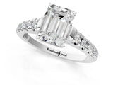 White gold Emerald Cut Diamond Cathedral Solitaire Ring with Round with Moissanite side stone Pavé Band_13